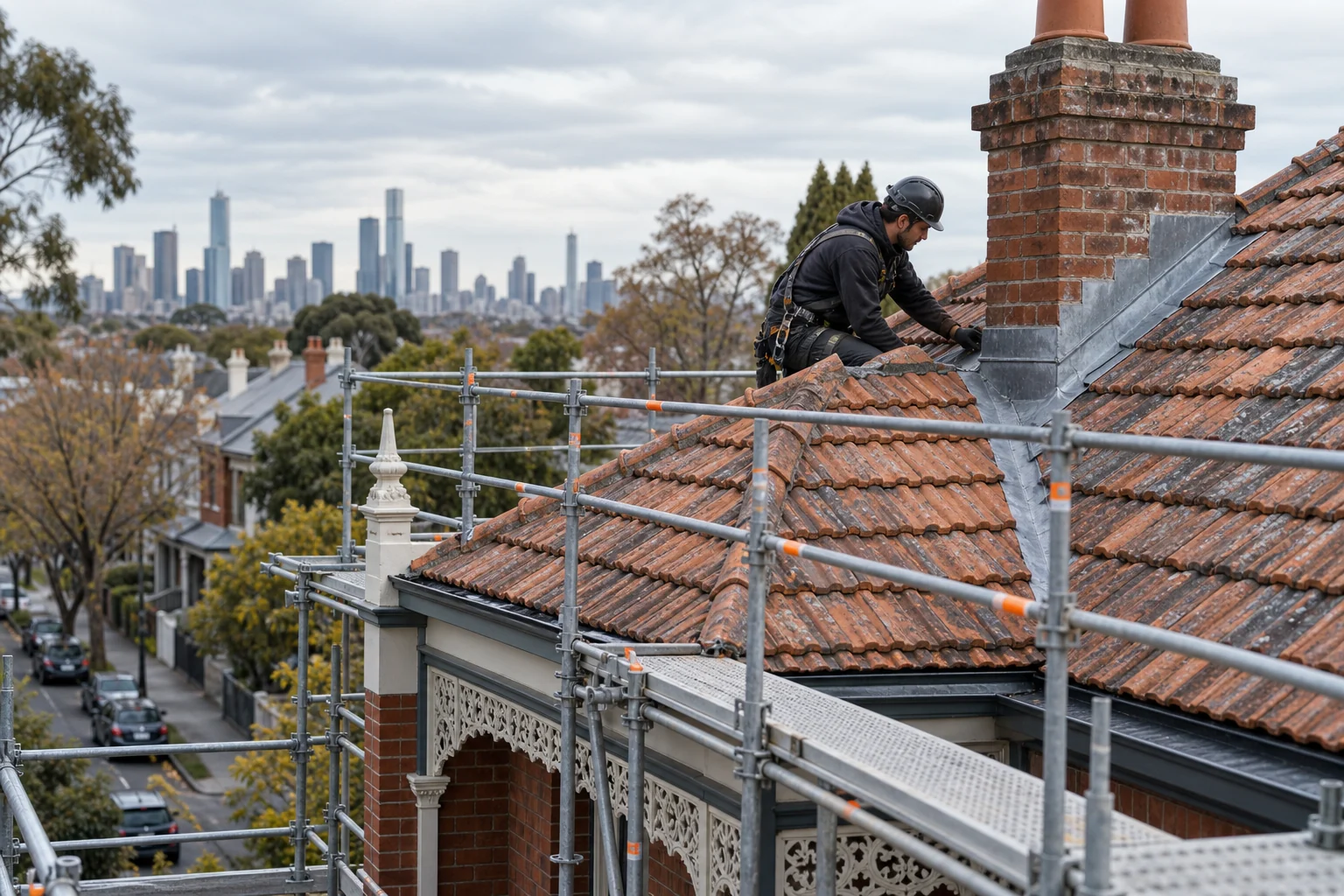 Roof plumber inspecting a Melbourne terracotta tile roof from protected scaffold