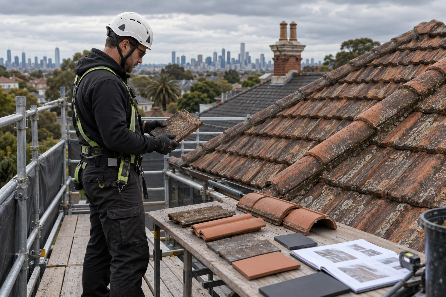 Roof inspection team using controlled edge protection on a Melbourne property