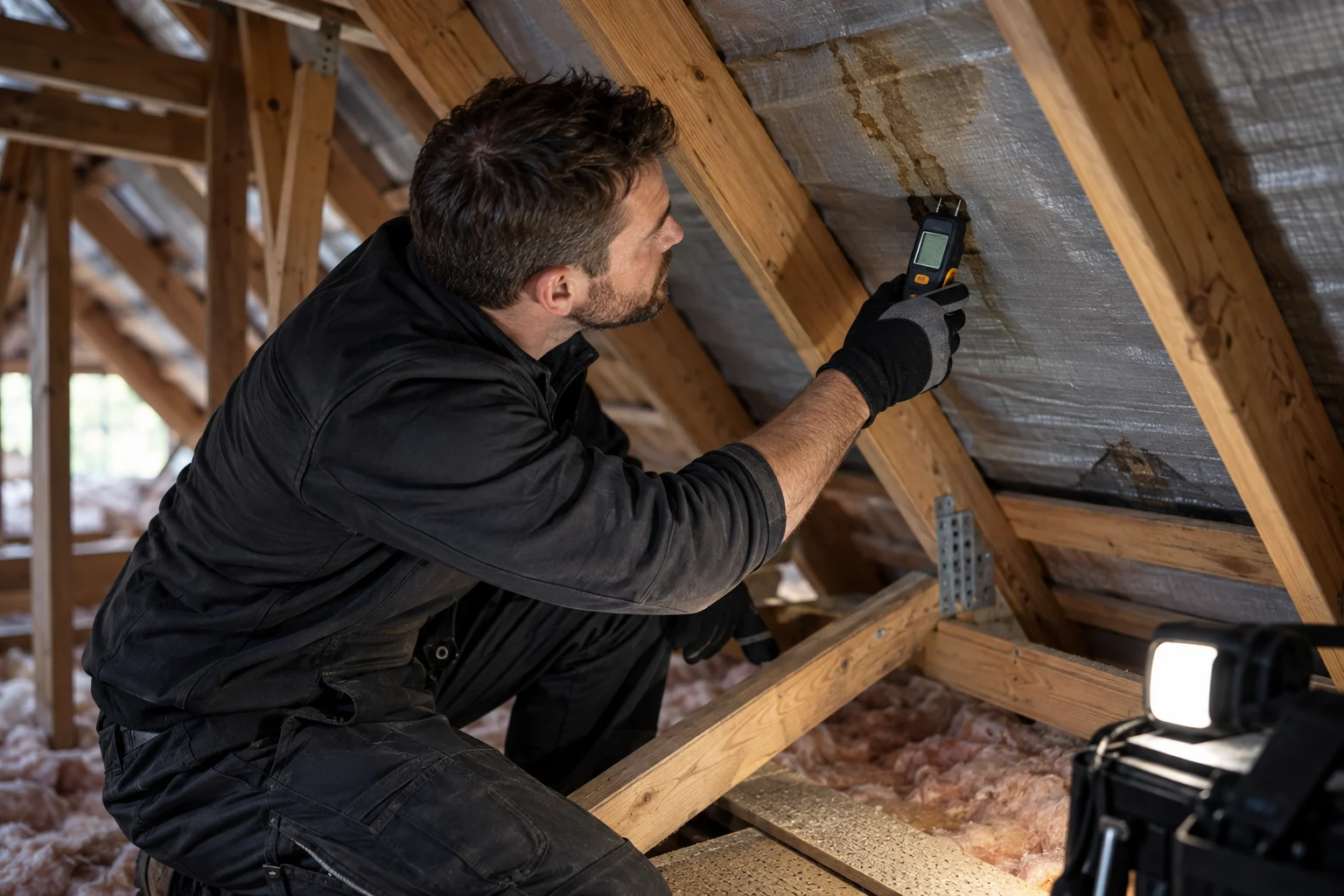 Roof leak specialist tracing internal moisture evidence toward a roof zone